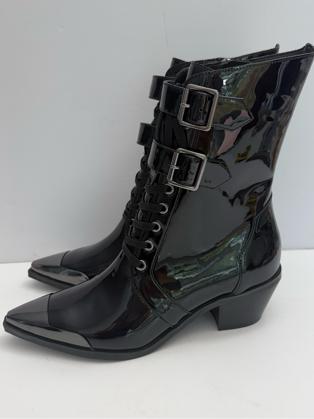 KILLSTAR Dark Sin Boots Womens 8 Black Patent Pointed Toe Buckle Goth Punk New - Picture 6 of 16